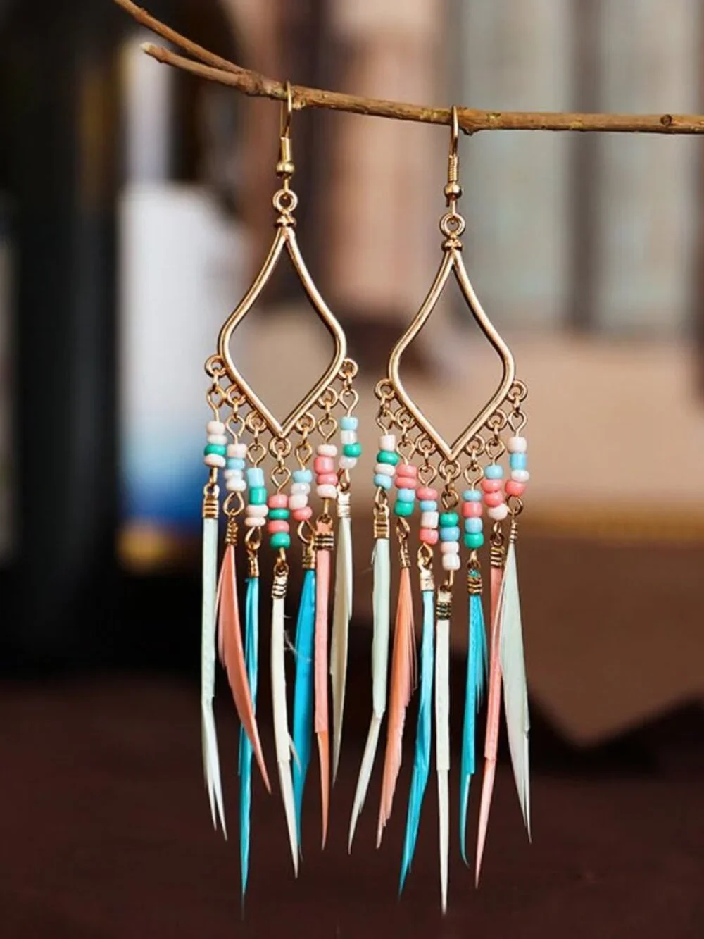 New - Bead‎ Earrings Set Feather Tassel Gold Boho Ethnic Retro Bohemian Dangle